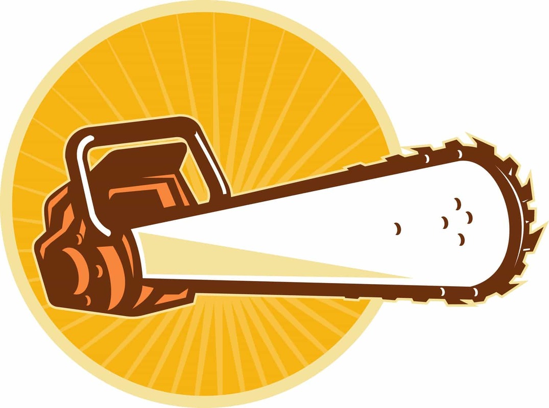 A cartoon image of a chainsaw with a yellow and white background